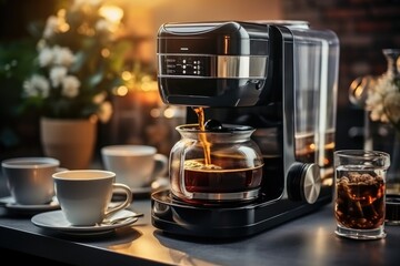 Fresh black aromatic coffee made in a home coffee maker, Morning coffee, Coffee machine in the...