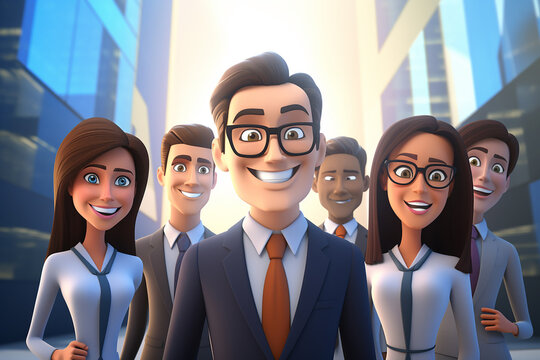 A 3D cartoon character representing businesspeople and team in office setting with laptops, symbolizing collaboration in professional workspace. Generative AI.