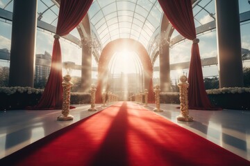 A red carpet rolled out at the entrance of a glamorous event, The stage for elegance. - obrazy, fototapety, plakaty