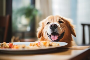 dog eat food with happiness in the house - obrazy, fototapety, plakaty