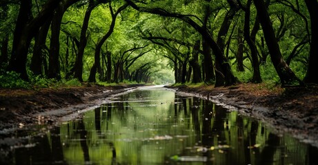 Serene Forest Waterway Canopy with Reflective Water Surface and Lush Green Trees Arching Overhead