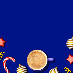 Christmas coffee cup foam blue background ornaments candy cane golden ribbon website banner design copy space. Hot chocolate drink mug. Social media advertising creative content Cappuccino Cocoa Latte