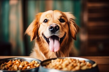 Fototapety  dog eat food with happiness in the house