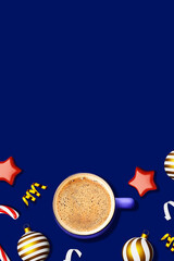 Christmas coffee cup foam blue background ornaments candy cane golden ribbon website banner design...