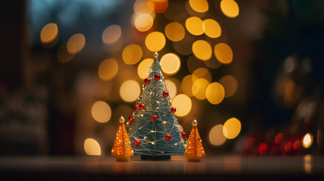 Miniature Christmas tree with ornaments with beautiful blurred bokeh lights background