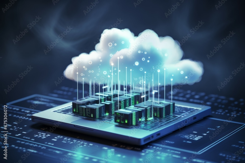 Poster cloud computing concept. smart city wireless internet communication with cloud storage, cloud servic