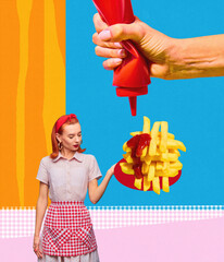Young woman serving delicious French fries with ketchup sauce against colorful background. Contemporary art collage. Concept of fast food, unhealthy eating, taste, pop art. Poster for ad