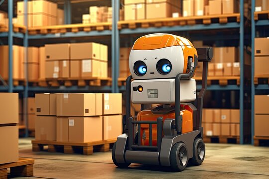 Robot or cybrog working in warehouse. Future Innovation. Generative AI