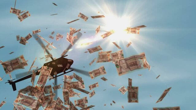 Guatemala quetzal banknotes helicopter money dropping. GTQ 100 notes abstract 3d concept of inflation, money printing, finance, economy, crisis and quantitative easing. 