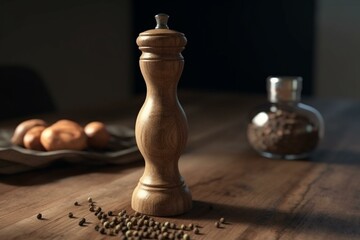 Obraz na płótnie Canvas 3D rendered wooden pepper grinder on dining table. Generative AI