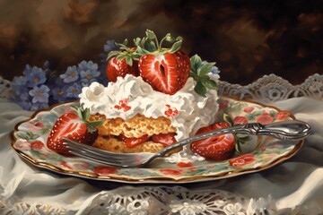 Obraz na płótnie Canvas A painting of a dessert plate with a strawberry shortcake topped with whipped cream and strawberries, accompanied by a spoon. Background includes flowers and a lace doily cloth. Generative AI