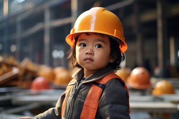 a asian boy in a helmet of a working engineer on the background of construction. Construction site