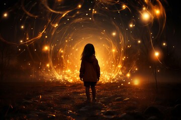 A Child Standing Before a Whirling Vortex of Golden Lights in a Mystical Evening Forest - obrazy, fototapety, plakaty