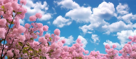 The vibrant colors of the flowers blooming on the green trees against the backdrop of the beautiful sky creates a stunning display of nature s elegance