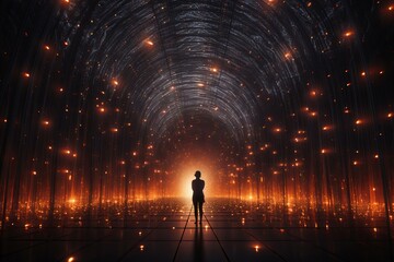 Solitary Figure Stands in a Vast Tunnel Illuminated by Strands of Glowing Orange Lights