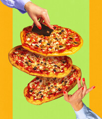 Food shopping and delivery. Three pizzas with vegetables and tomato sauce against colorful background. Contemporary art. Concept of Italian culture, cuisine, food, pop art style. Poster for ad