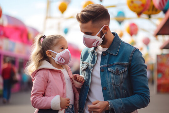 A Parent Helping Their Child Put On A Safety Face Mask Before A Fun Day At The Amusement Park, Caring, Colorful Surroundings.