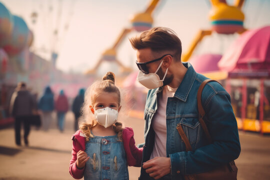 A Parent Helping Their Child Put On A Safety Face Mask Before A Fun Day At The Amusement Park, Caring, Colorful Surroundings.