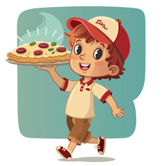 Vector illustration of a teenage boy carrying a pizza. Pizza delivery boy.