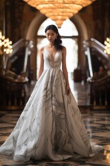 Beautiful Chinese girl wearing a white dress stands gracefully in a luxurious mansion.
