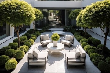 Small courtyard terrace, Simple green shrubs, High end design, Modern, Aerial view. - obrazy, fototapety, plakaty