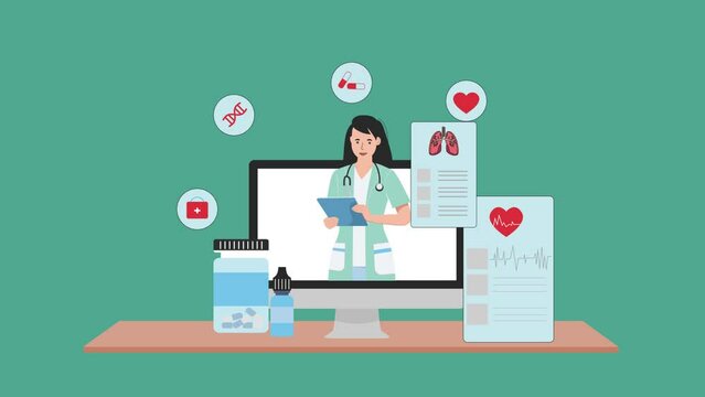 Woman Doctor Online Presenting Organ Diagnosis Report Design Animation on computer screen. Telemedicine and Analysis with medications  