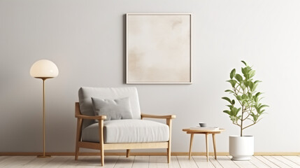 Living room with gray armchair plant wooden lamp