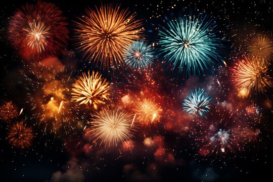 A Celestial Celebration: Vibrant Fireworks Exploding in the Night Sky with Dazzling Colors