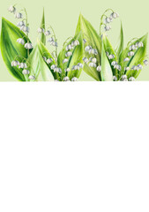 Watercolor postcard with bouquet of lilies of the valley flowers isolated on white background. Spring hand painted illustration. For designers, wedding, decoration, postcar