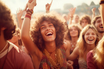 Retro Dance Revival. Relive the Vintage Vibes of a 1960s Music Festival as a Happy Crowd Swings and Grooves to the Rhythms of the Past - Ai Generative