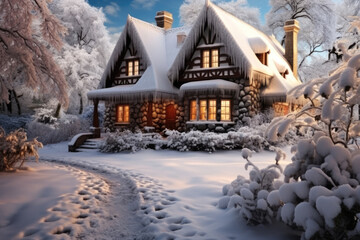 A cozy cottage in a winter wonderland in Christmastime.