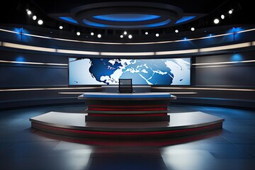 The studio's a news set. Studio TV news program. Newscaster background - obrazy, fototapety, plakaty