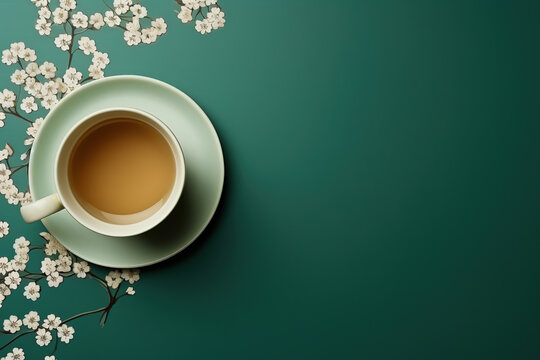 minimalist green background with a Tea cup, cappuccino, coffee , top view with empty copy space
