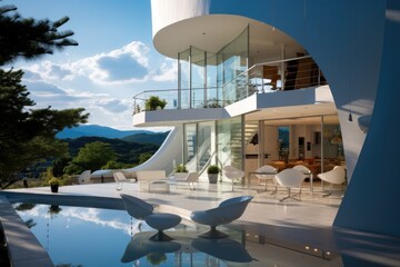 Modern villa, Embodies modernity and tranquility, emphasizing spaciousness and natural illumination.