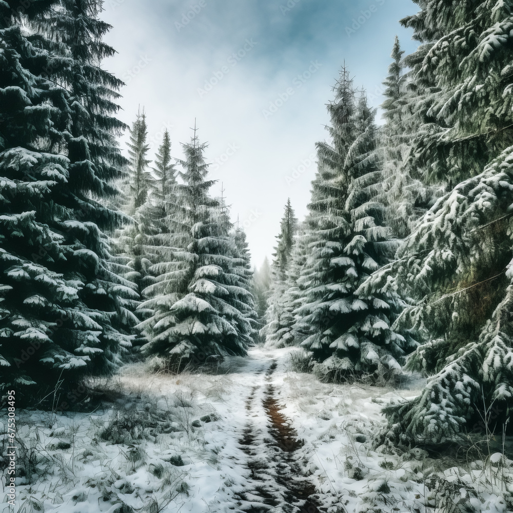 Poster the image shows a green evergreen trees in a field with some snow, captured by a photographer.