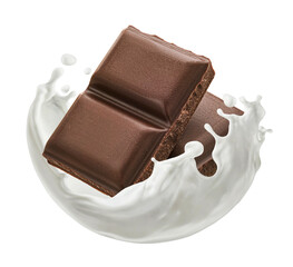 Chocolate bar with milk splash isolated on white background