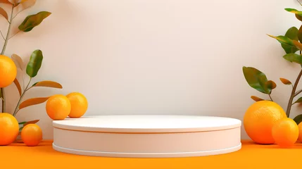 Foto op Plexiglas Summer mockup concept for product presentation. Empty podium and orange fruits on orange background. 3d rendering illustration. © petrrgoskov