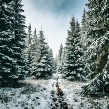 The image shows a green evergreen trees in a field with some snow, captured by a photographer.