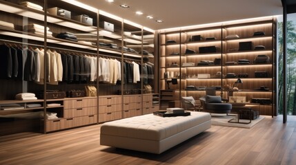 Interior design of luxury walk in closet with clothes hanging on rods, Modern custom closet. - obrazy, fototapety, plakaty