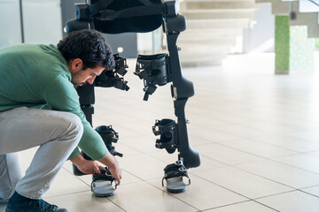 Obraz premium Mechanical exoskeleton engineer checking robot before delivery to customer. Physiotherapy in a modern hospital: Robotic skeleton. Physiotherapy Rehabilitation Scientists, Engineers and Physicians