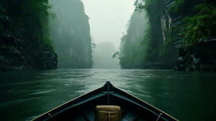 Fototapeta premium Mysterious Journey Through the Misty Gorge: Silent Canoe Ride in the Heart of Nature