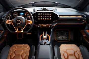 Original design of the main instrument panel of an electric vehicle interior. - obrazy, fototapety, plakaty