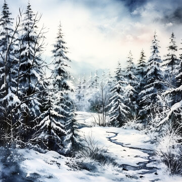 A snowy scene with evergreens is captured in this image, with a mysterious figure in the background.