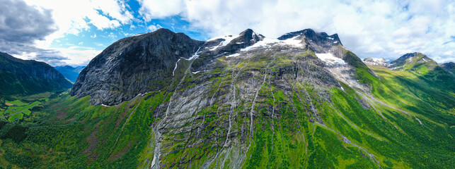 Aerial view above the glaciers melting into the permafrost of Jostedalsbreen National Park	
