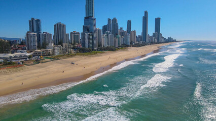 Aerial drone view of Surfers Paradise on the Gold Coast of Queensland, Australia on a sunny day 