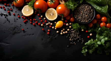 Obraz na płótnie Canvas Fresh Organic Vegetables and Herbs on Dark Slate for Healthy Cooking Ingredients
