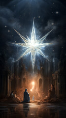 A shining star illuminates a manger scene in an image referenced by ThatOtherGuy. - obrazy, fototapety, plakaty