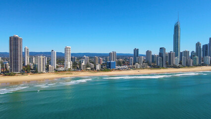 Aerial drone view of Surfers Paradise on the Gold Coast of Queensland, Australia on a sunny day 