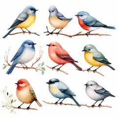 set of watercolor clip art of birds isolated on white background for graphic design