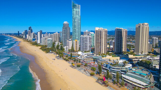 Aerial drone view of Surfers Paradise on the Gold Coast of Queensland, Australia on a sunny day 